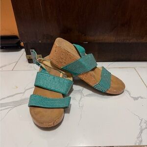 Extreme by Eddie M Teal Rhinestone Wedge Sandals